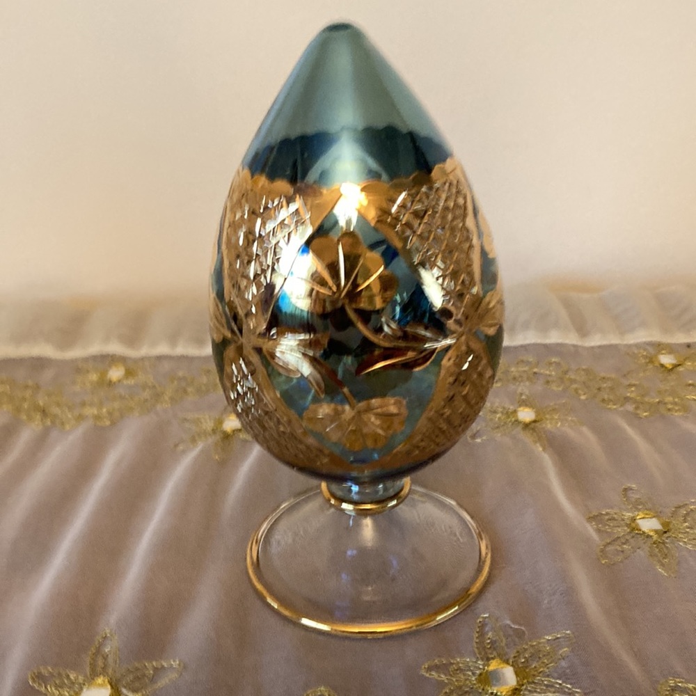 Vintage Egyptian Hand Blown Glass Egg Shaped Gold Etched Pattern Teal Color - Picture 2 of 6